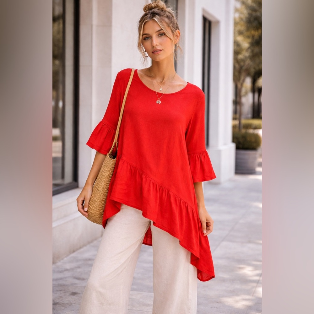 Bryn Walker Womens Flowy Blouse Top Lagenlook 100% Cotton Guazy Red L